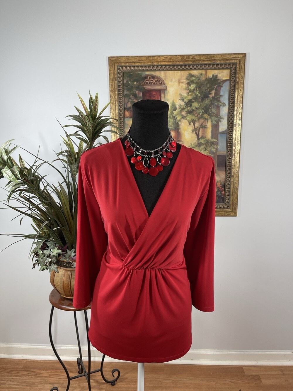 George Red Faux Wrap Womens 2X XXL Ruched V Neck Stretch Career Blouse Boho
